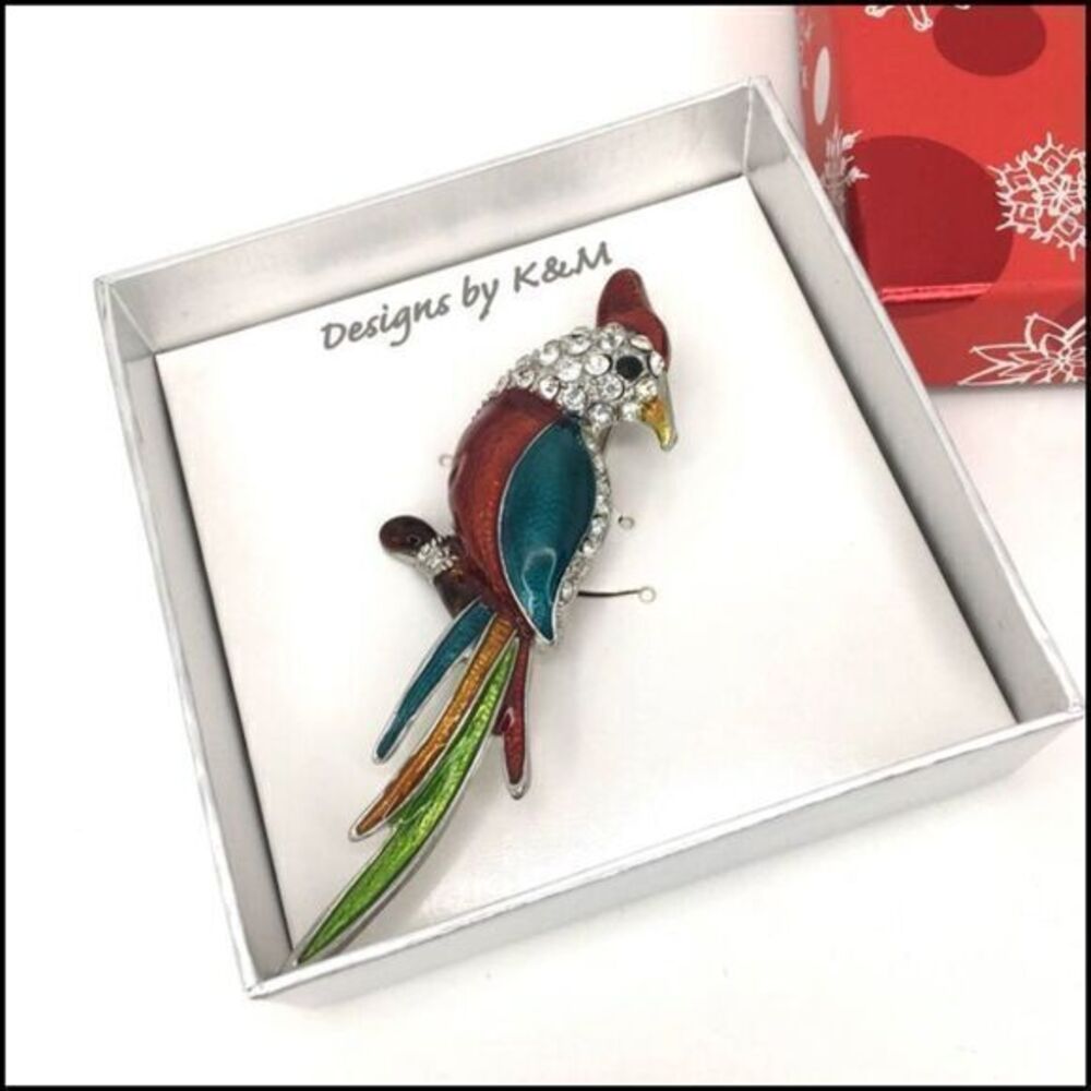 Enamel and Rhinestone Parrot Brooch